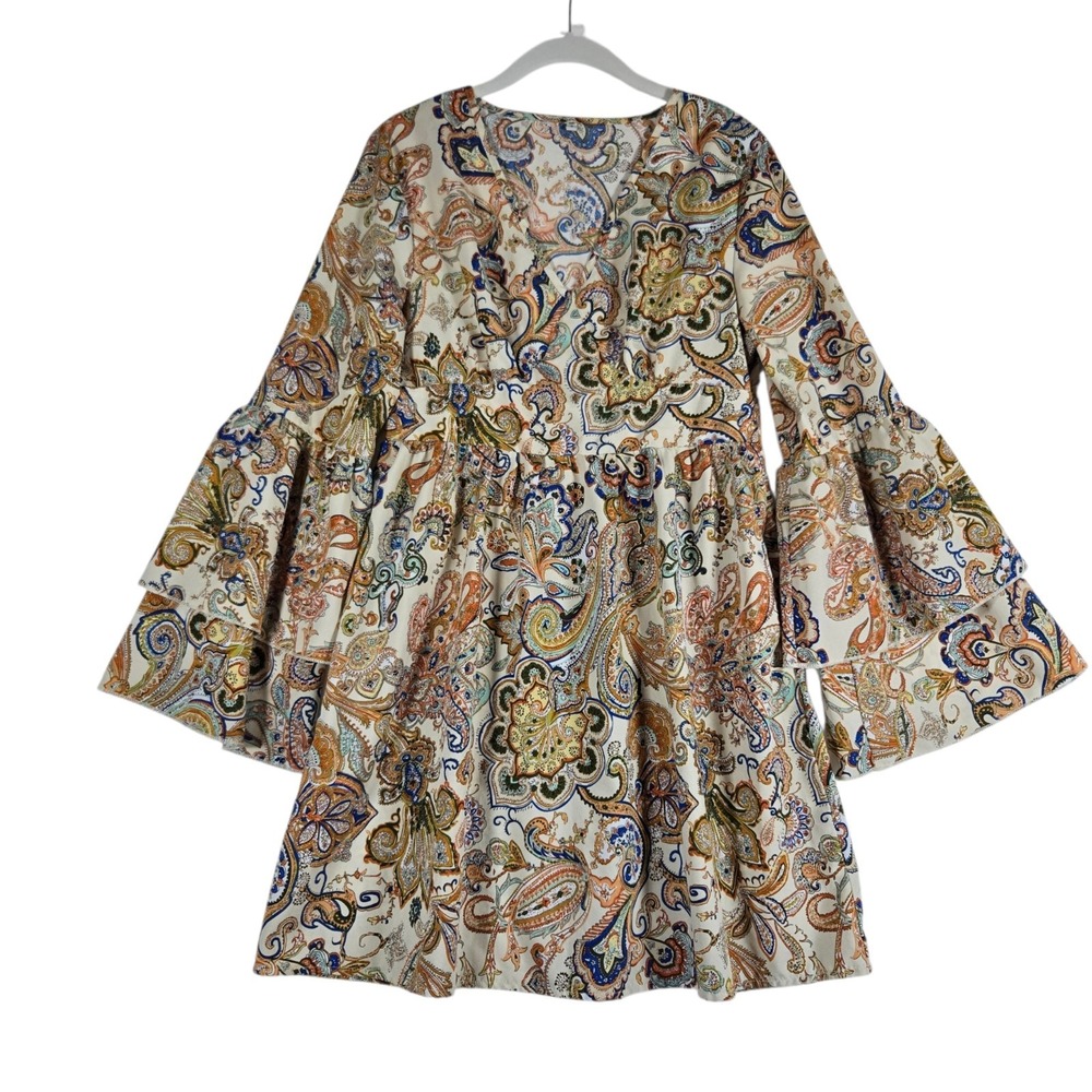 Boho Mini Dress Womens Small Orange Blue Paisley Long Sleeve Bell Cuffs Festival